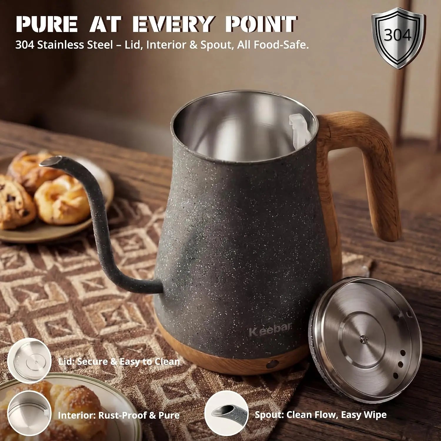 1000W Electric Kettle, 0.8L Stainless Steel, Auto Shut-Off, Gooseneck Pour, Wood-Grain Handle
