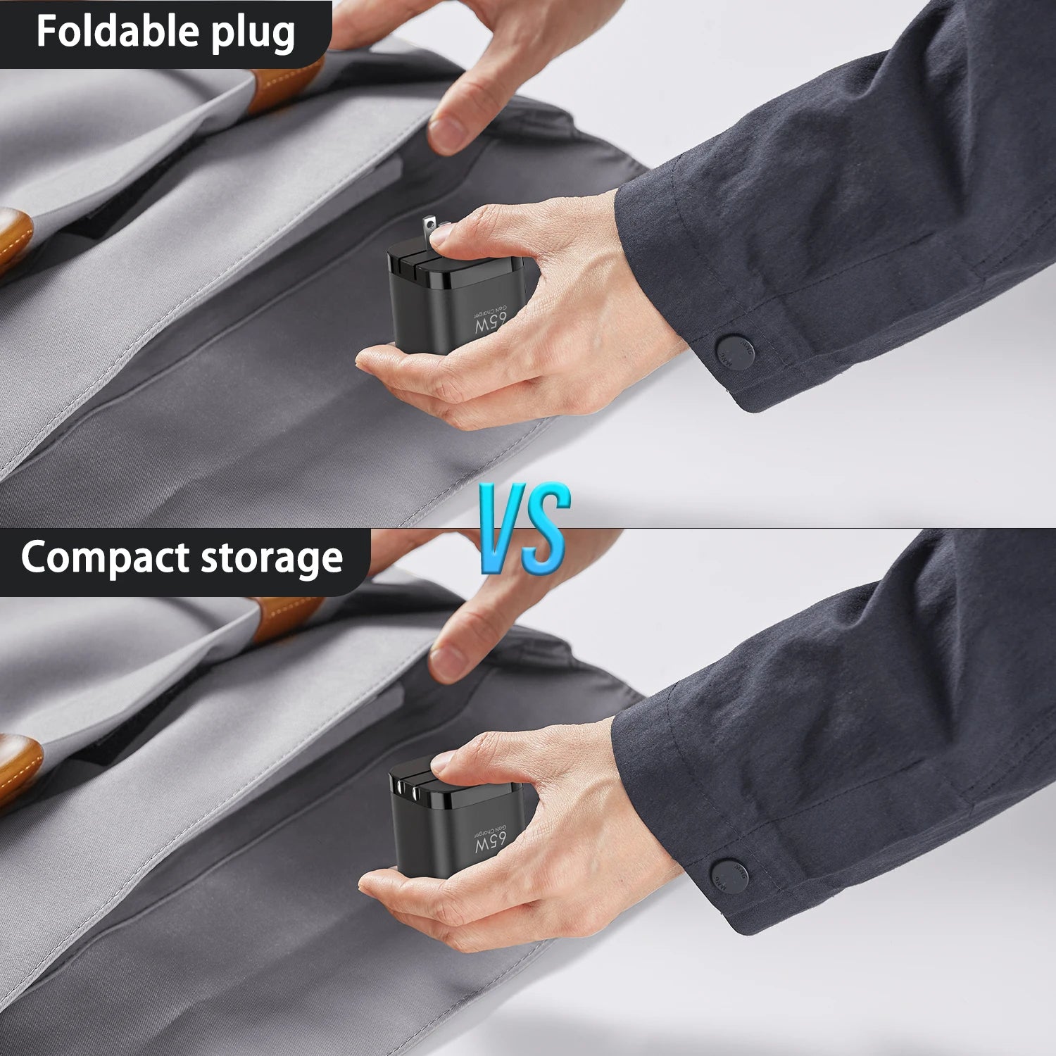 65W GaN Fast Charger with Retractable Cable, Foldable Plug, Quick Charging