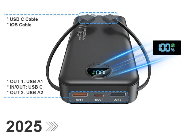 Power Bank with Built-in AC Plug & Dual Cables, PD20W Fast Charging Type-C