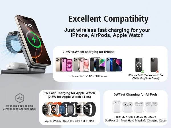 3 in 1 Wireless Charger Stand for iPhone 17 16 15 14 13, Apple Watch & AirPods Pro Foldable Travel Design & Night Light