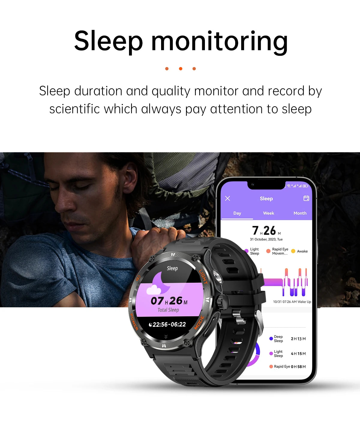 KT76 Sports Smartwatch Men With Flashlight 1.53-inch HD Screen BT Calls 3ATM Waterproof Compass Health Monitor
