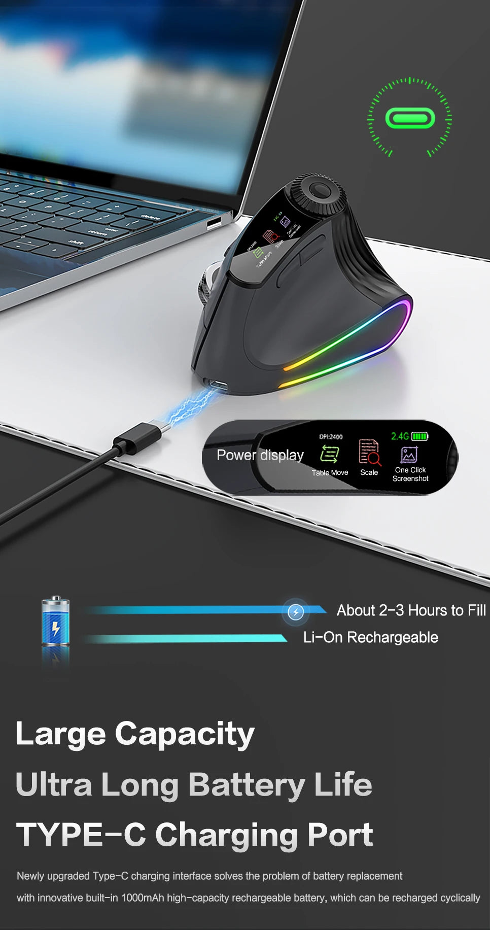 Jomaa RGB Backlit Speed Roller Wireless Vertical Mouse with Function Adjustment