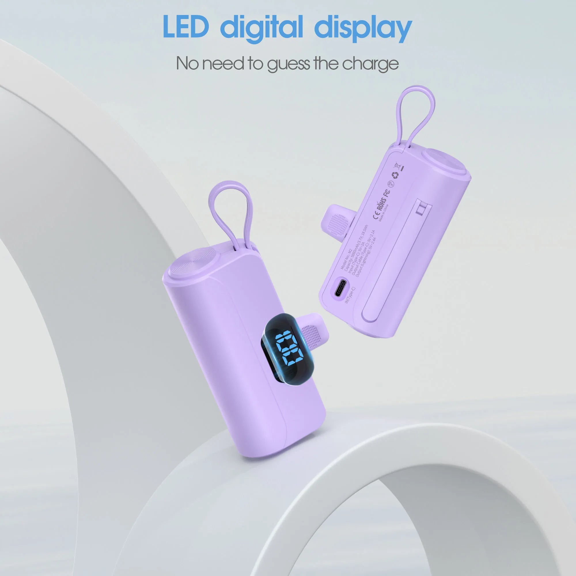 Mini Portable Charger with Built in Lightning port Type-C Cable, Foldable Stand,
