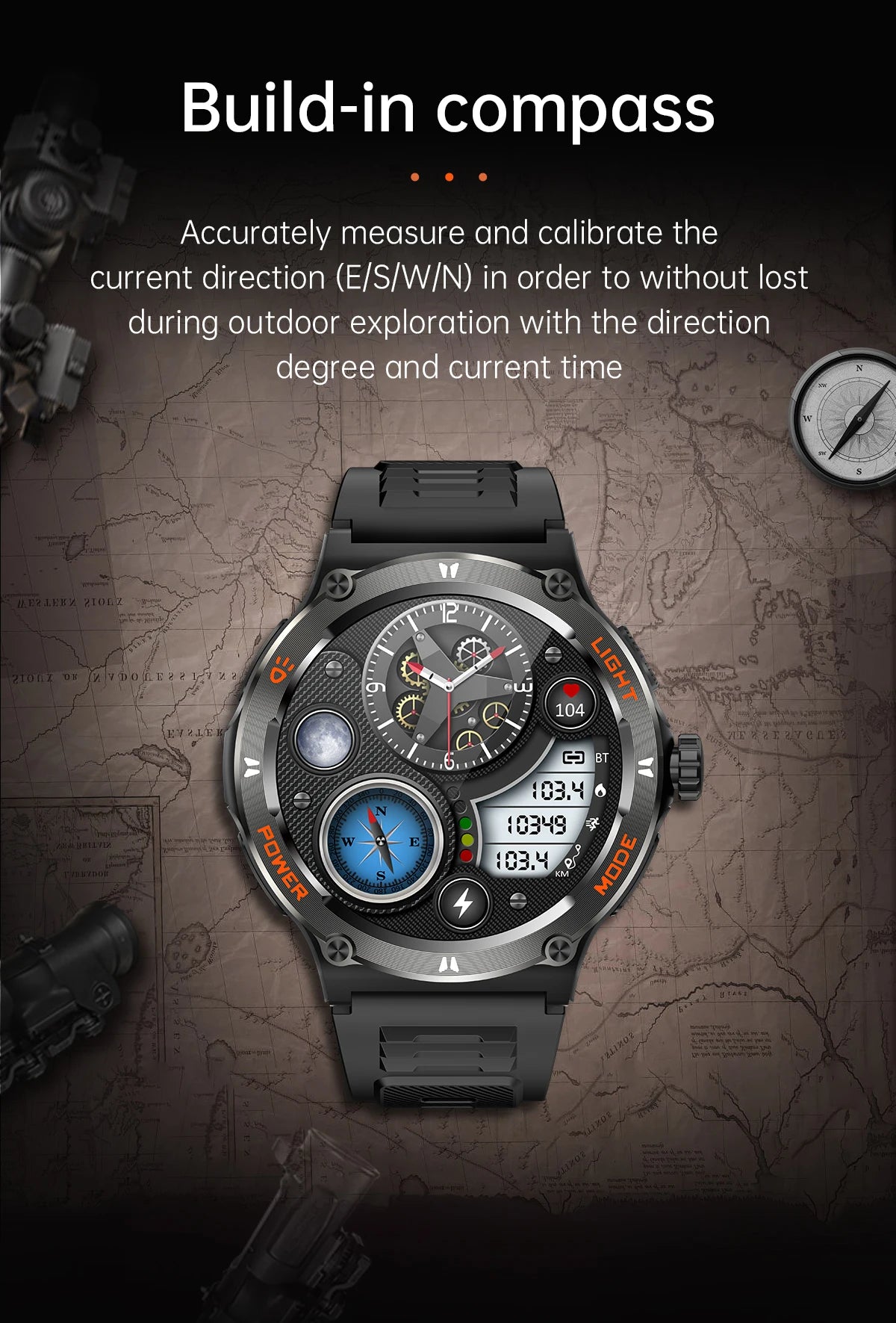KT76 Sports Smartwatch Men With Flashlight 1.53-inch HD Screen BT Calls 3ATM Waterproof Compass Health Monitor
