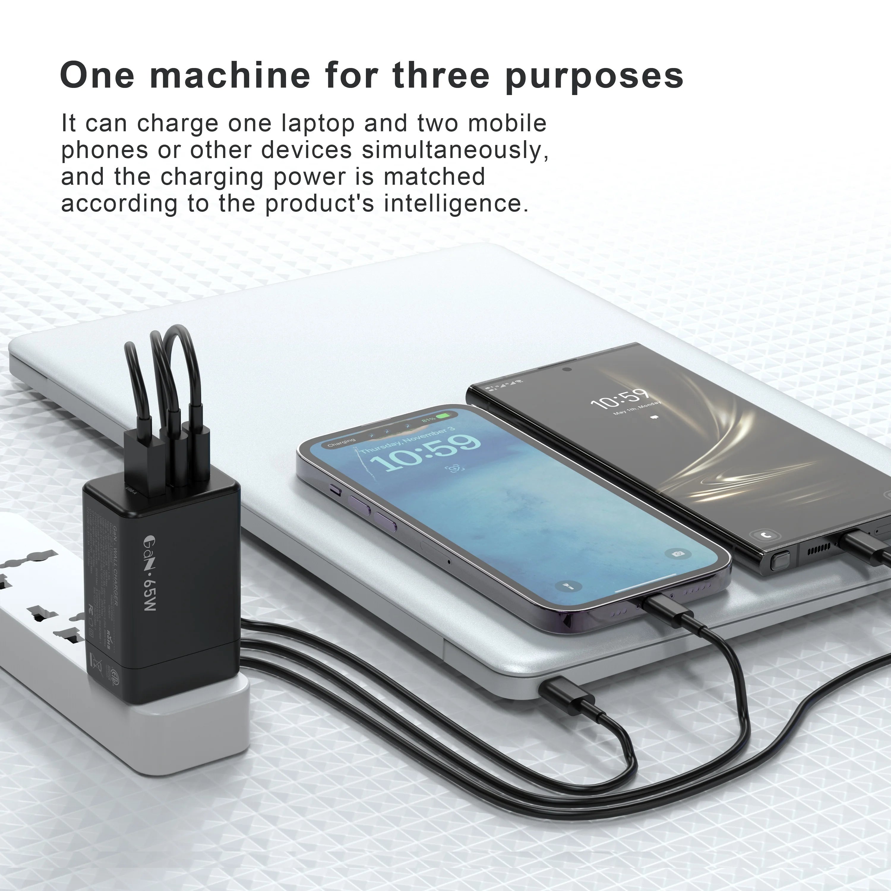 For Laptop Charger , 65W GaN 3 Port USB C Power Adapter With Type C Charging