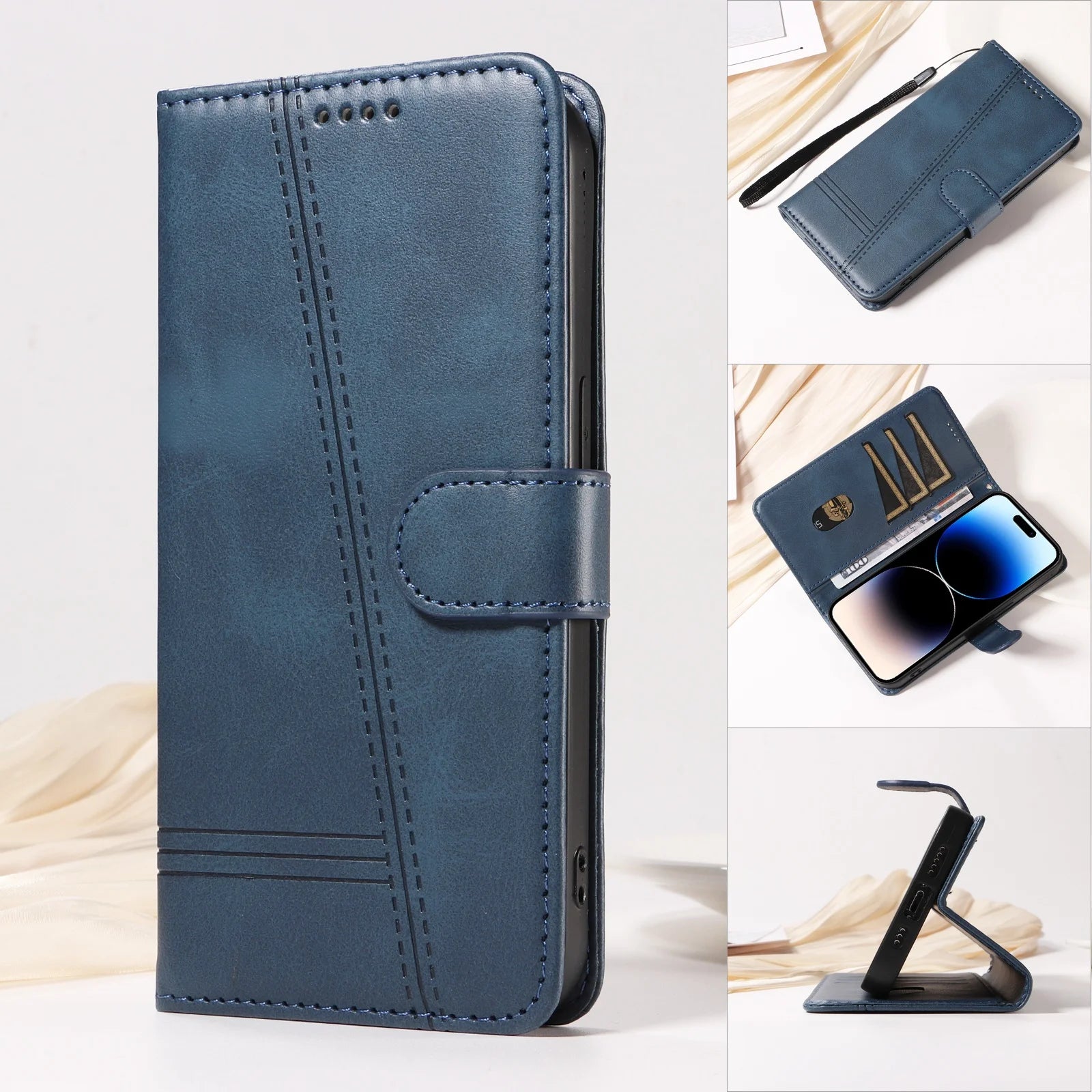 Line Leather Case For iPhone Pro Max Plus Mini Air Phone Case Flip Wallet Card