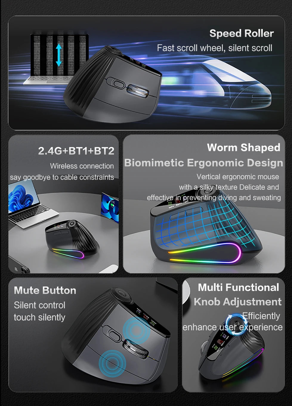 Jomaa RGB Backlit Speed Roller Wireless Vertical Mouse with Function Adjustment