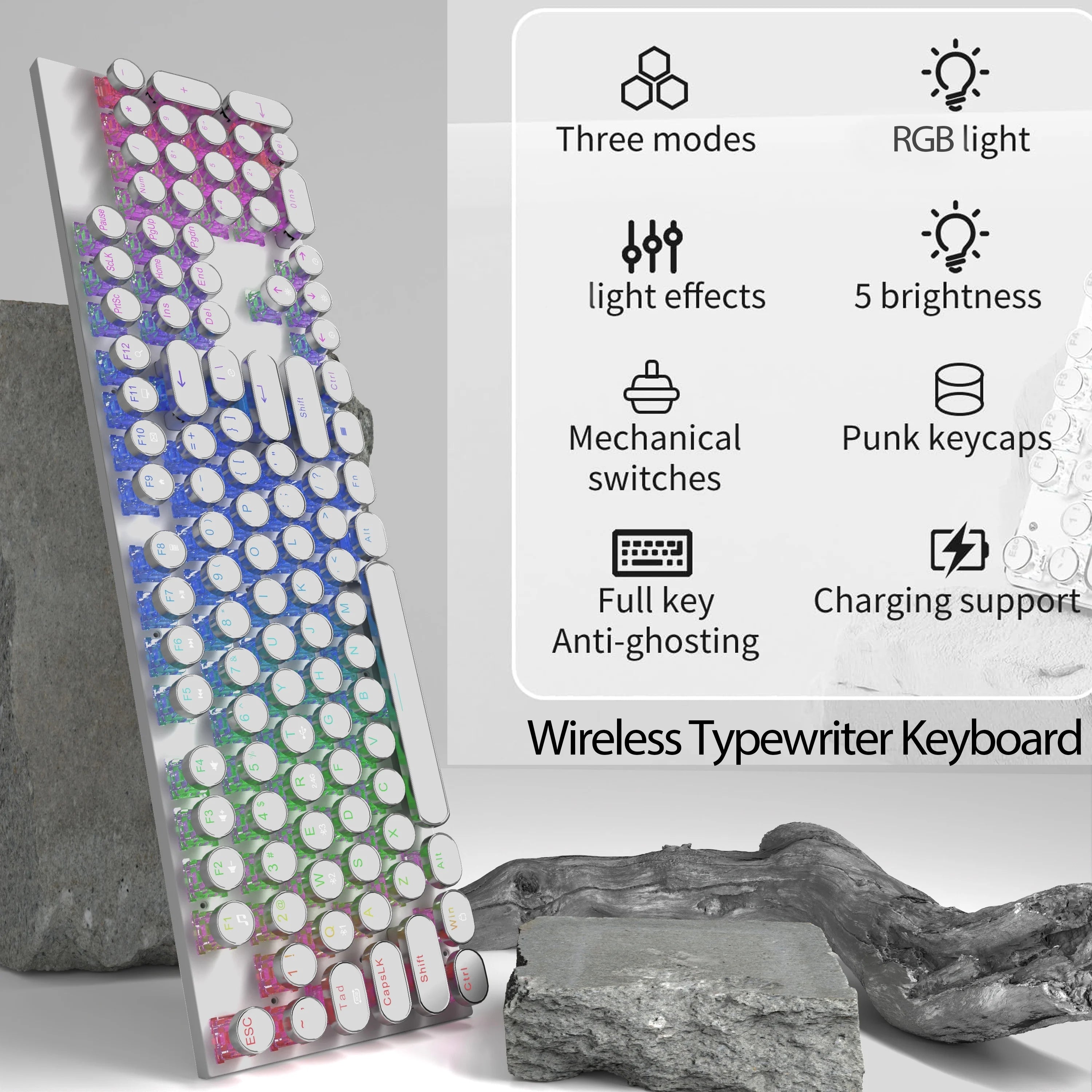 RGB Wireless Punk Typewriter Mechanical Keyboard Round Keycaps Key Game