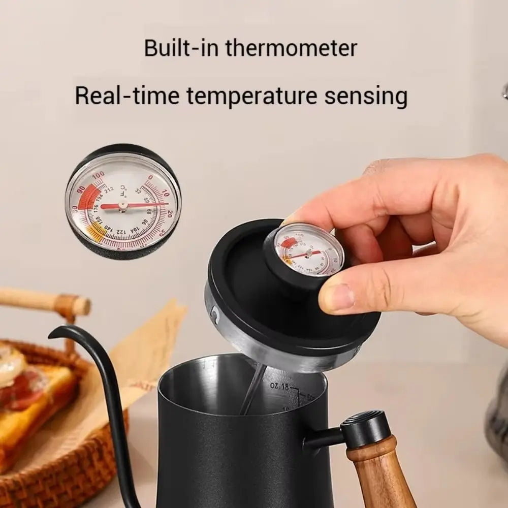 Stainless Steel Goose Neck Coffee Pot Drip Port Wooden Handle Long Narrow Drip Carafe Anti-scald Scale Hand Brewing Kettle
