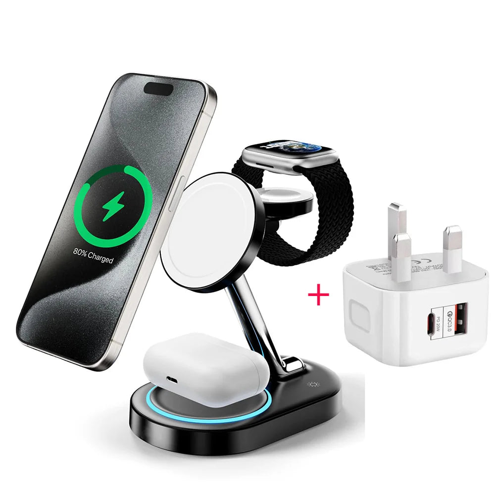 3 In 1 Magnetic Wireless Charger Stand For iPhone 17 16 15 14 13 Pro Max Apple Watch 9 8 7 Airpods Induction USB Fast Charging S