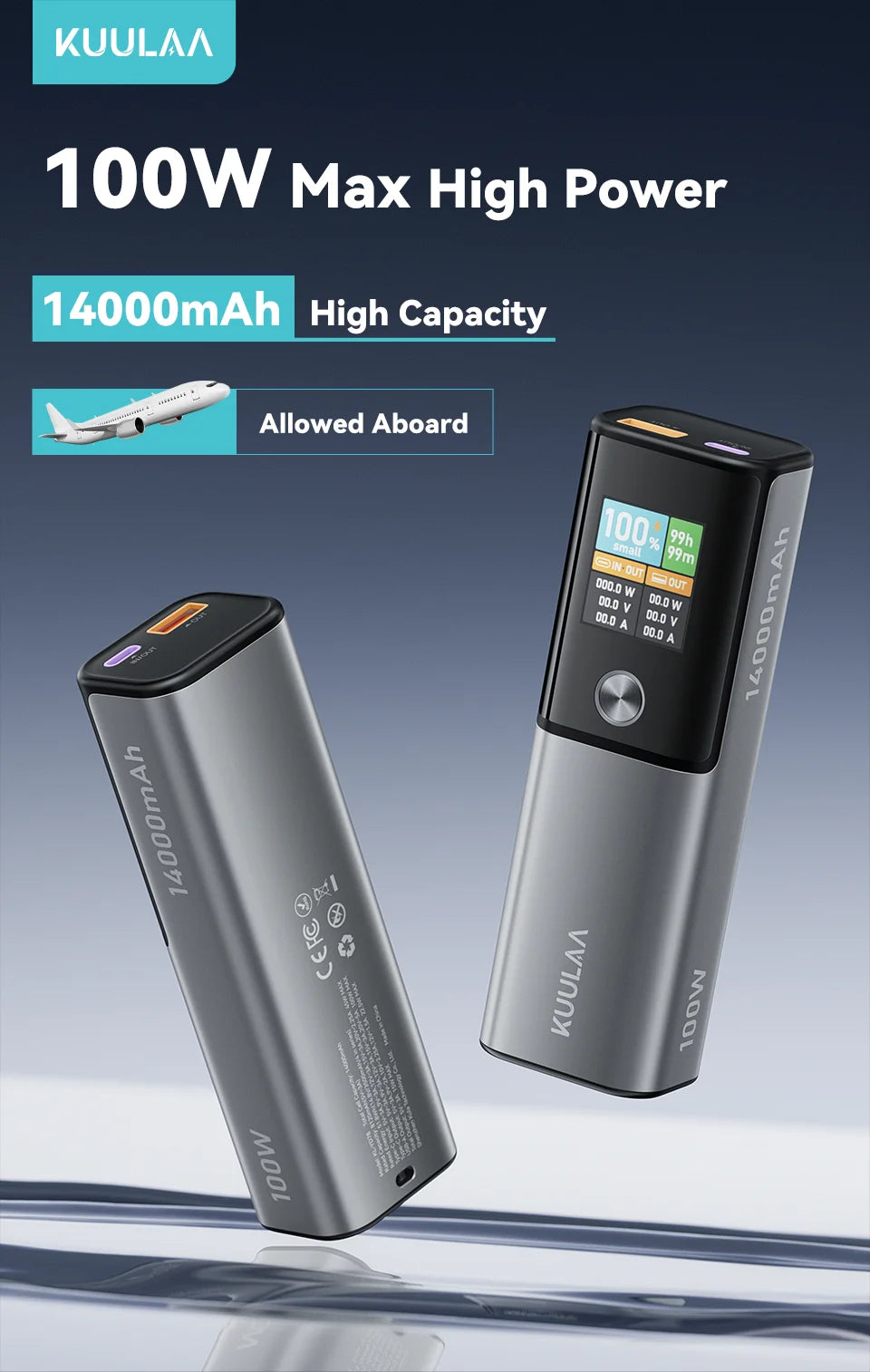 KUULAA Power Bank 14000mAh Portable Charger 100W PD Fast Charging External Battery PowerBank for Macbook for iPad Laptop Notbook