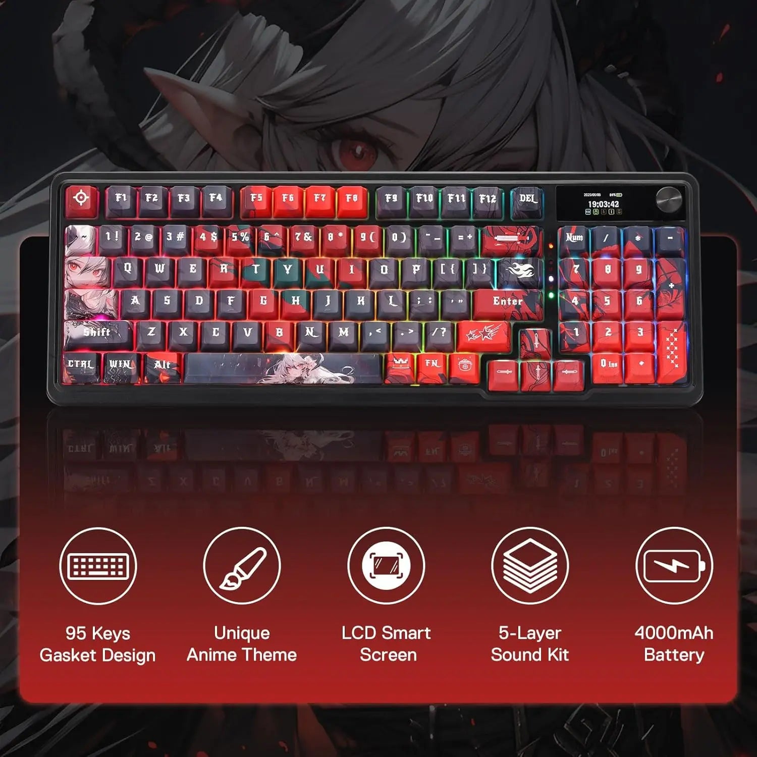 Redragon K719 PRO Wireless Gasket Gaming Hype Screen & Knob, 95 Keys