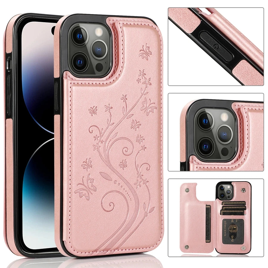 Wallet Butterfly Embossing Slot Magnetic Flip Leather Case For iPhone Plus Cover