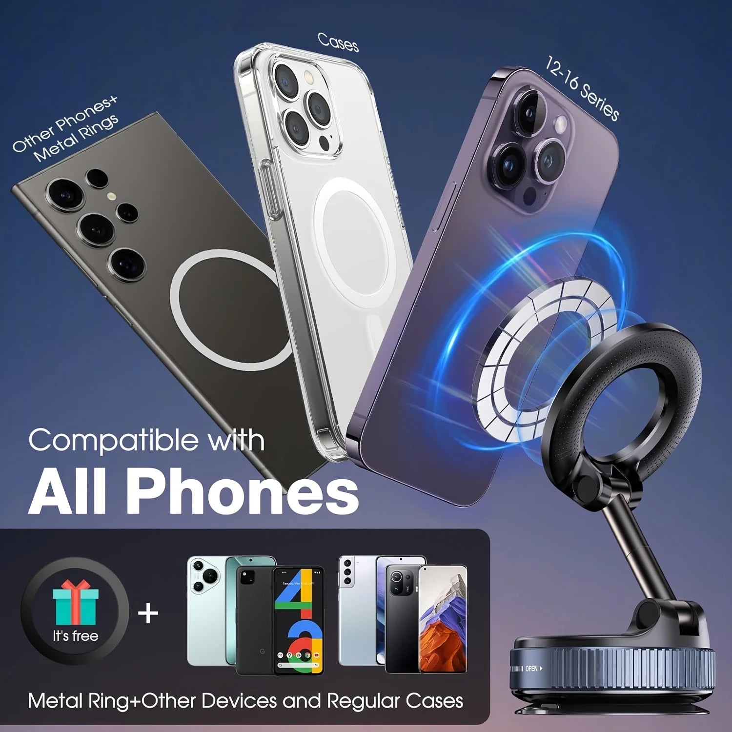 Adjustable Rotating Folding Magnetic Phone Holder Vacuum Suction Mag Stand