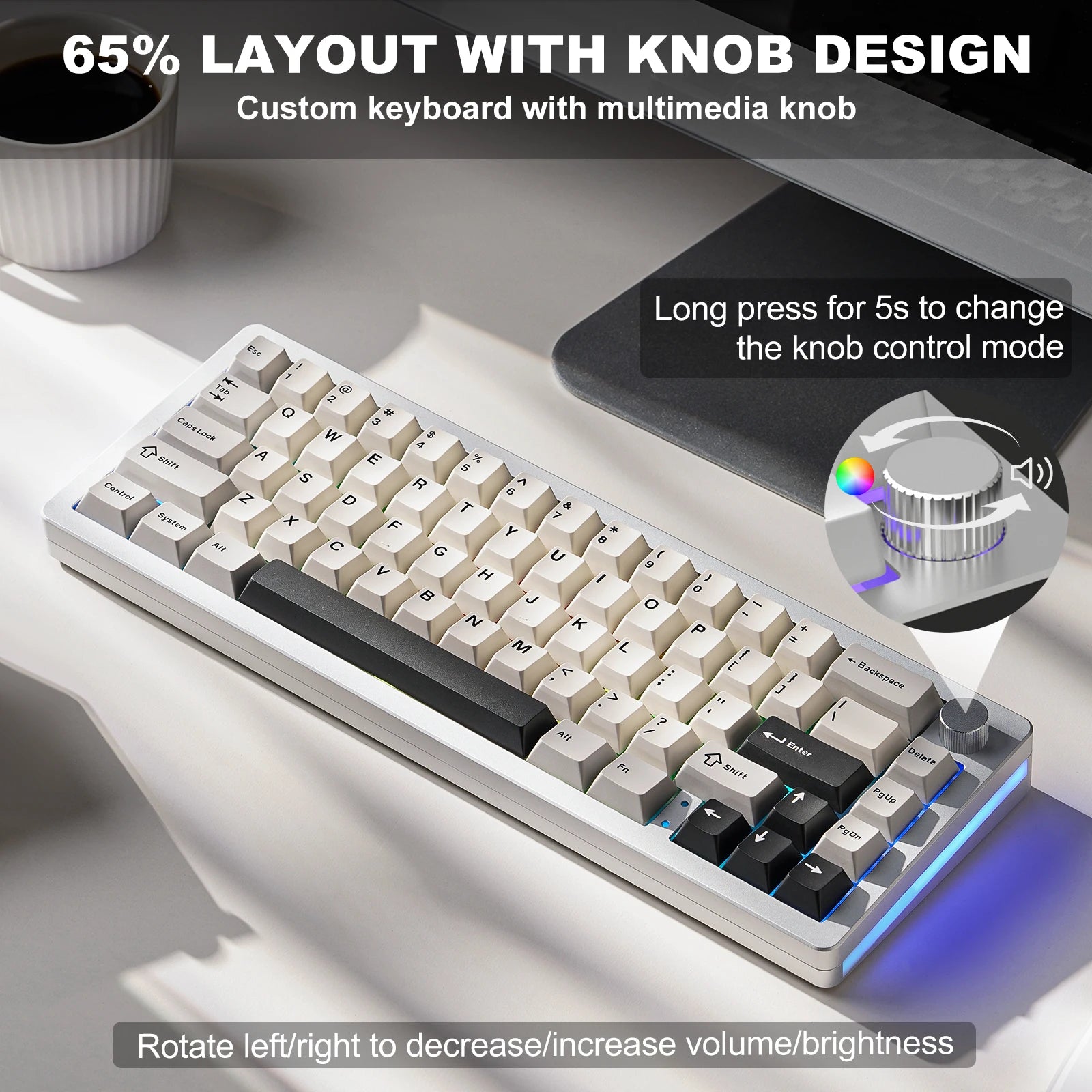 Aluminum Knob Wireless Bluetooth Wired Hot Swap Gasket Mounted RGB Keyboard