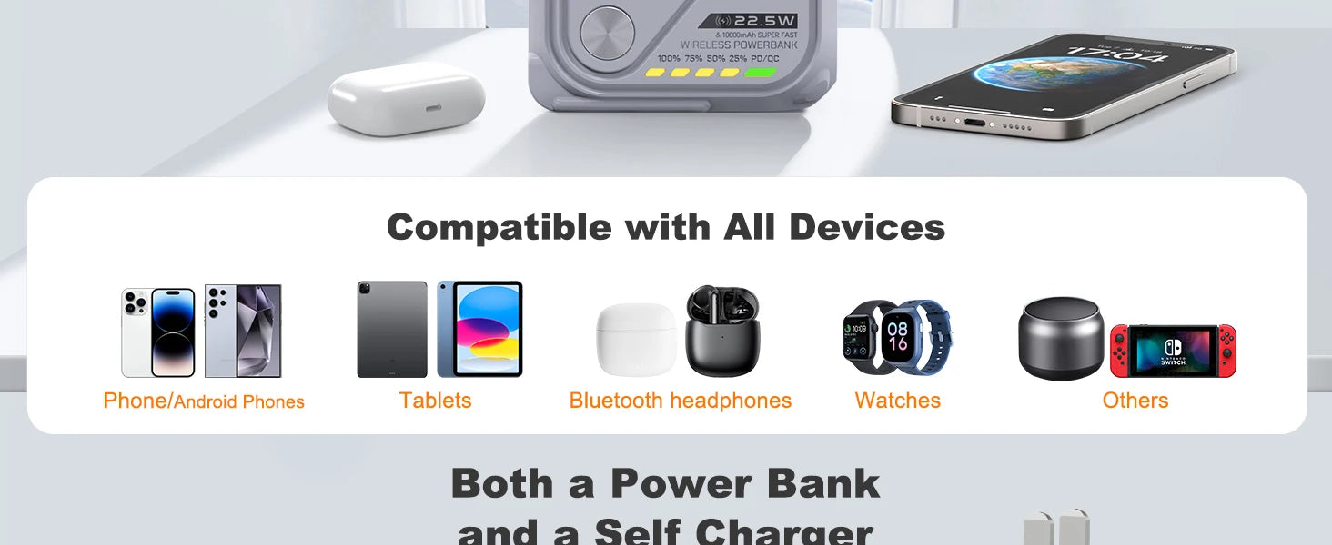 Magnetic Wireless Power Bank USB Type-C Detachable Data Cable Phone Holder
