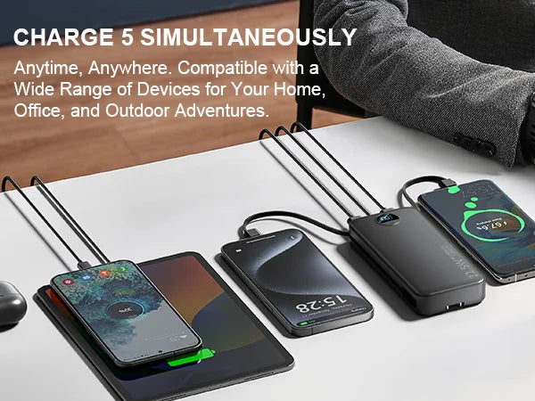 Power Bank with Built-in AC Plug & Dual Cables, PD20W Fast Charging Type-C