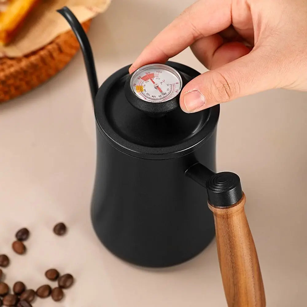 Stainless Steel Goose Neck Coffee Pot Drip Port Wooden Handle Long Narrow Drip Carafe Anti-scald Scale Hand Brewing Kettle