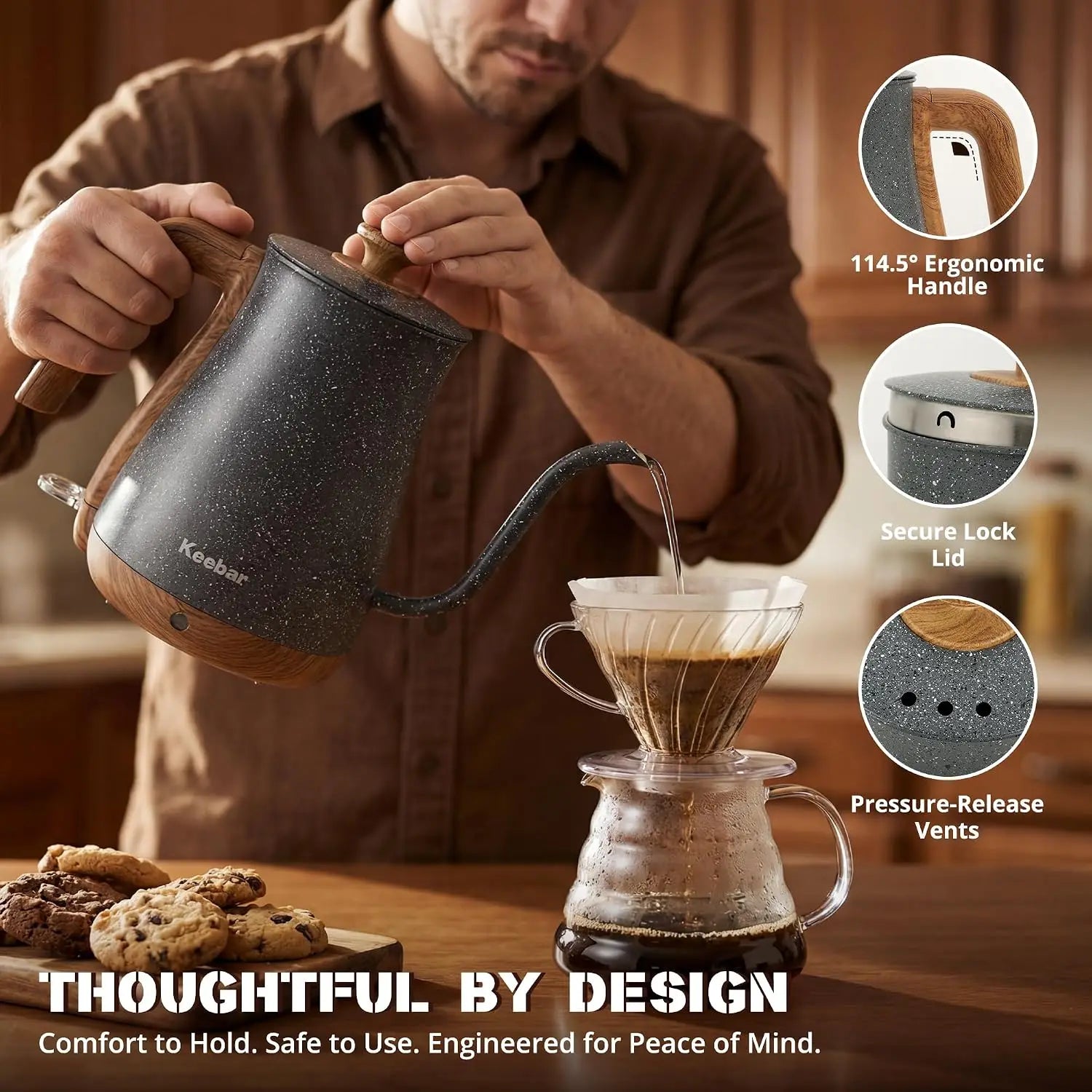 1000W Electric Kettle, 0.8L Stainless Steel, Auto Shut-Off, Gooseneck Pour, Wood-Grain Handle