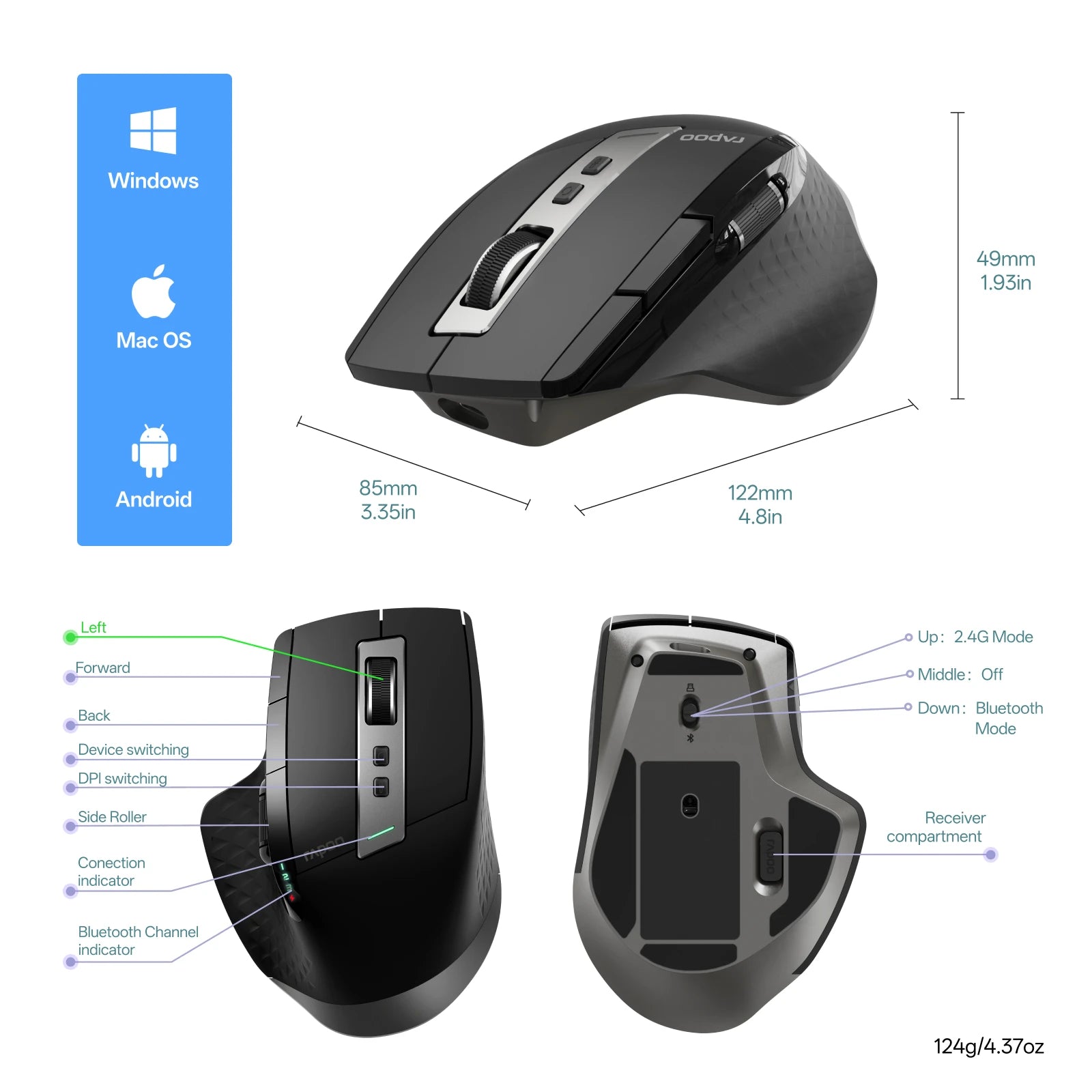 Rapoo 2026 New MT710L Multi-mode Rechargeable Wireless Bluetooth Mouse
