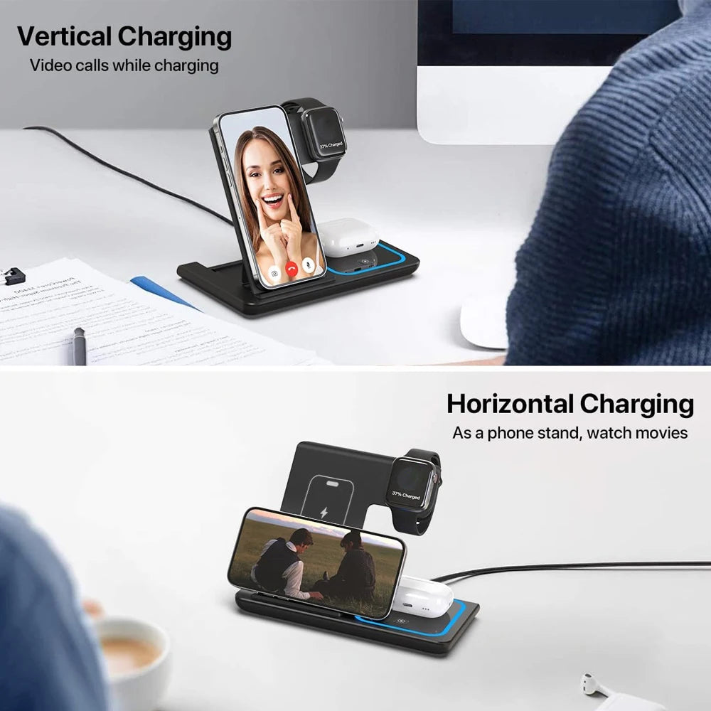 LED Fast Wireless Charger Stand 3 in 1 Foldable Charging Station For iPhone17/16/15/14Apple Watch 9 8 7 6 5 Airpods Pro