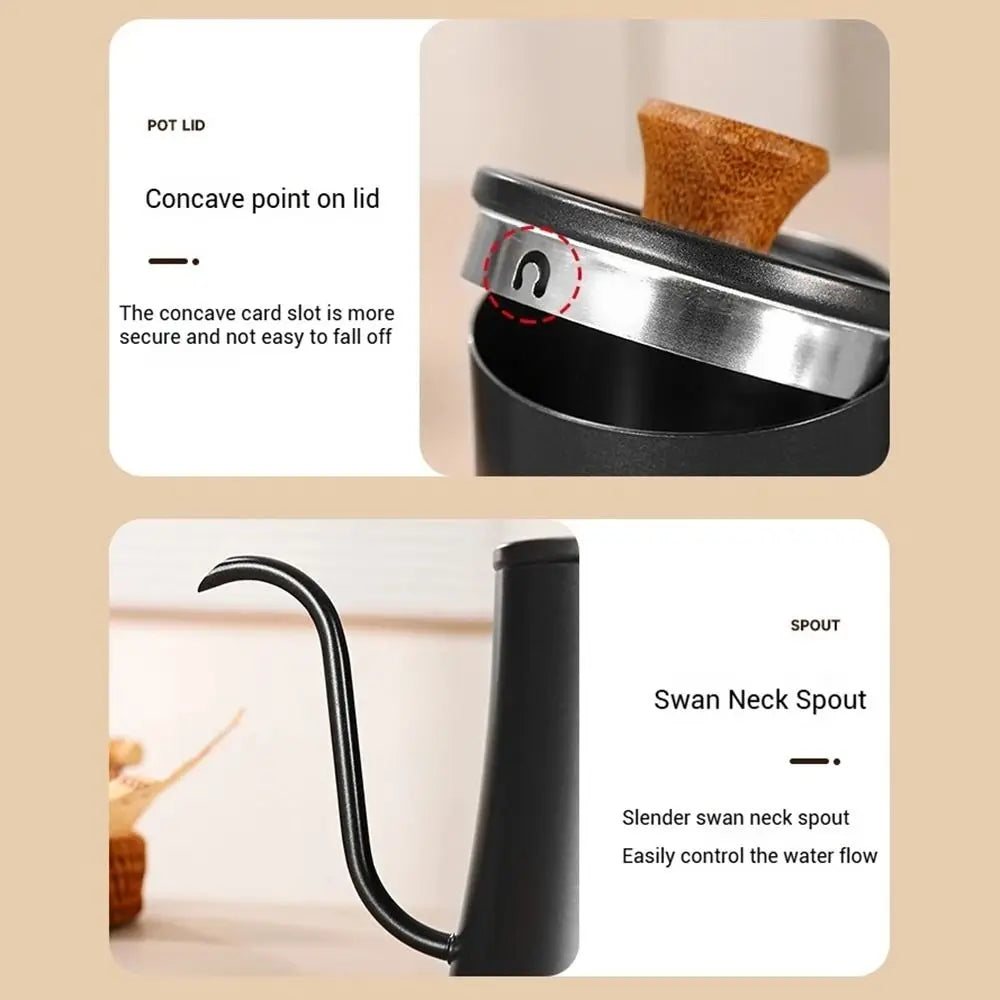 Stainless Steel Goose Neck Coffee Pot Drip Port Wooden Handle Long Narrow Drip Carafe Anti-scald Scale Hand Brewing Kettle