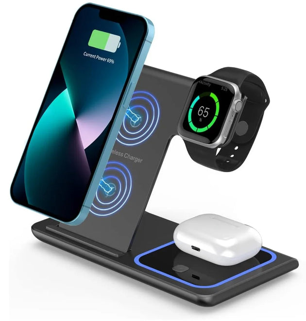 LED Fast Wireless Charger Stand 3 in 1 Foldable Charging Station For iPhone17/16/15/14Apple Watch 9 8 7 6 5 Airpods Pro