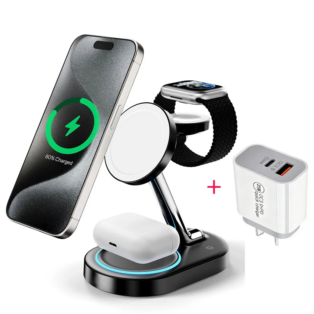 3 In 1 Magnetic Wireless Charger Stand For iPhone 17 16 15 14 13 Pro Max Apple Watch 9 8 7 Airpods Induction USB Fast Charging S