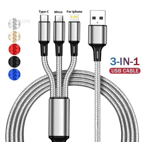 3 In 1 USB Fast Charging Cable Type C Micro IOS Multi Charger Cable Cord