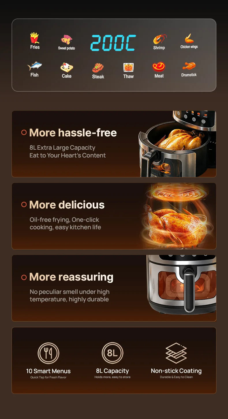 8L Stainless Steel Air Fryer with Clear Viewing Window 8 One-Touch Smart Presets Oil-Free Crispy Cooker Non-Stick Basket Whisper