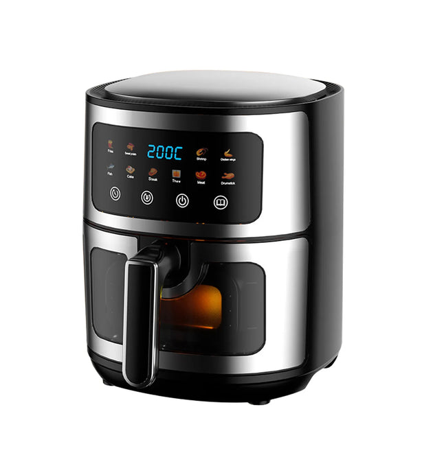 8L Stainless Steel Air Fryer with Clear Viewing Window 8 One-Touch Smart Presets Oil-Free Crispy Cooker Non-Stick Basket Whisper