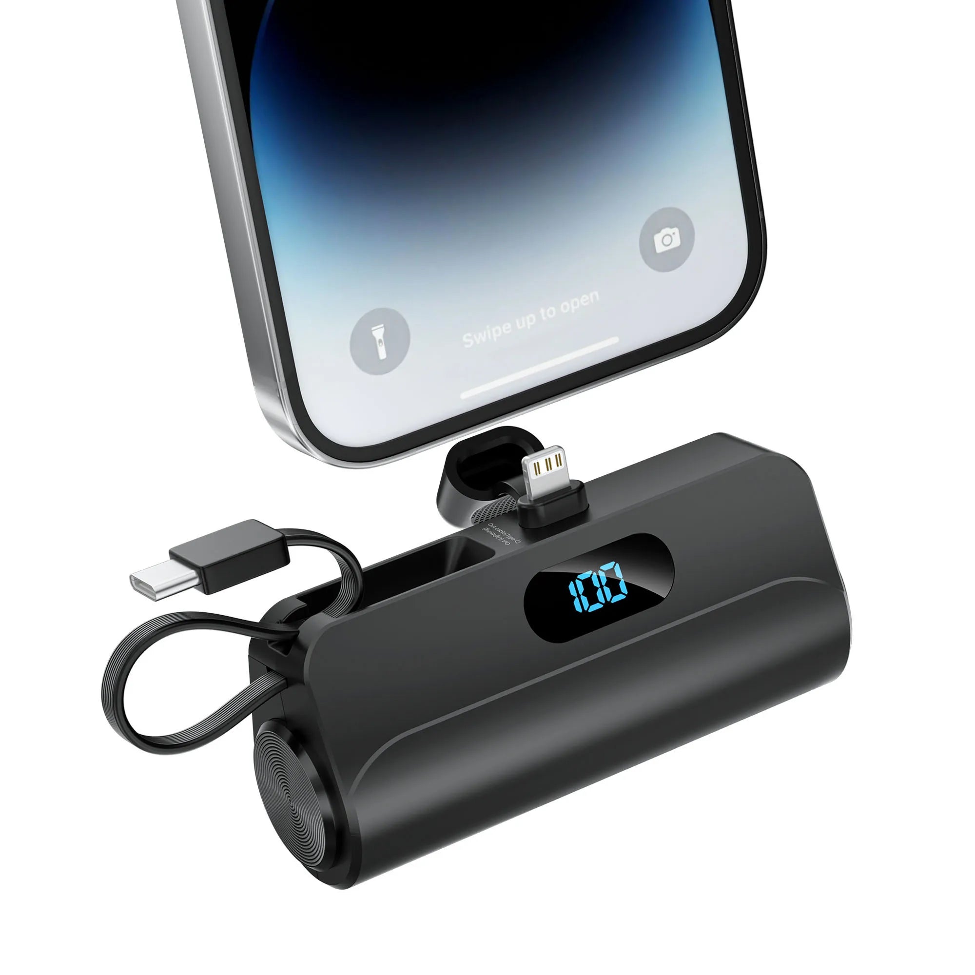 Mini Portable Charger with Built in Lightning port Type-C Cable, Foldable Stand,