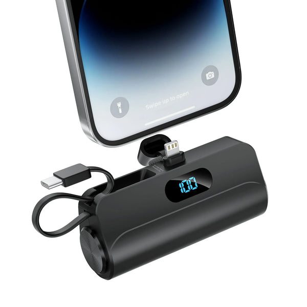 Mini Portable Charger with Built in Lightning port Type-C Cable, Foldable Stand,
