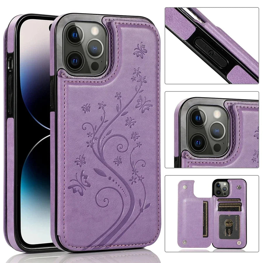 Wallet Butterfly Embossing Slot Magnetic Flip Leather Case For iPhone Plus Cover