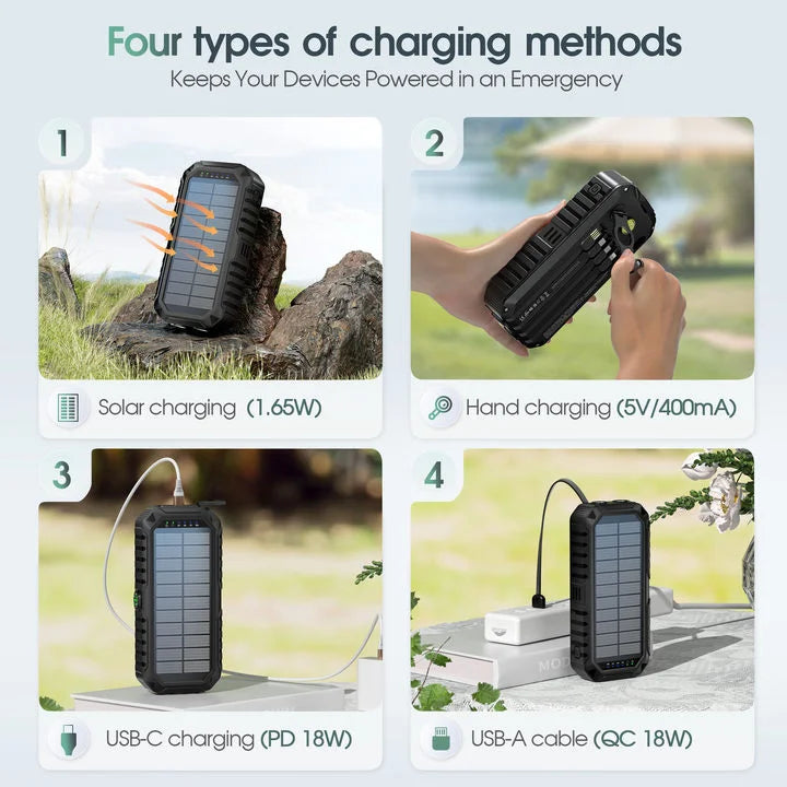 Solar Power Bank with Hand Crank Type-C Fast Charging, Bright LED Light