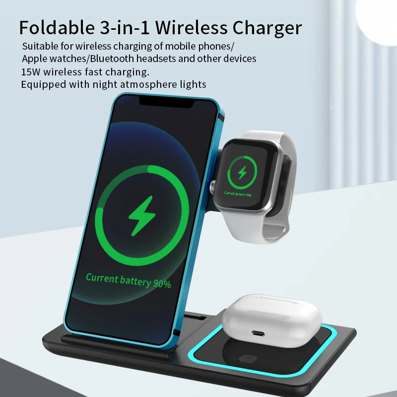 3 in 1 Wireless Charging Station Travel Charging Pad for iPhone 12~17 Series,iWatch and Airpods  15W  Fast Charger Foldable