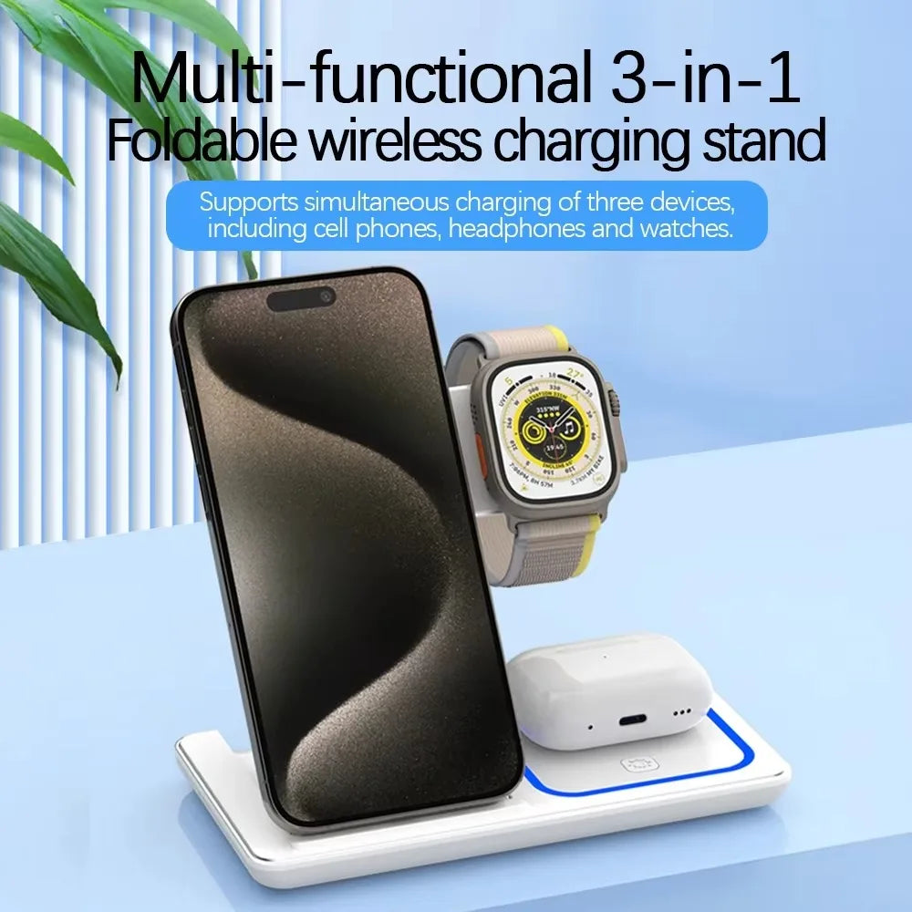 3 in 1 Folding Wireless Charger Stand For iPhone 17 16 15 14 13 12 Pro Max Fast Charging Station For Apple Watch 11-2 SE Airpods