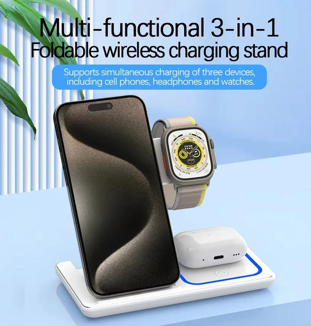 3 in 1 Folding Wireless Charger Stand For iPhone 17 16 15 14 13 12 Pro Max Fast Charging Station For Apple Watch 11-2 SE Airpods