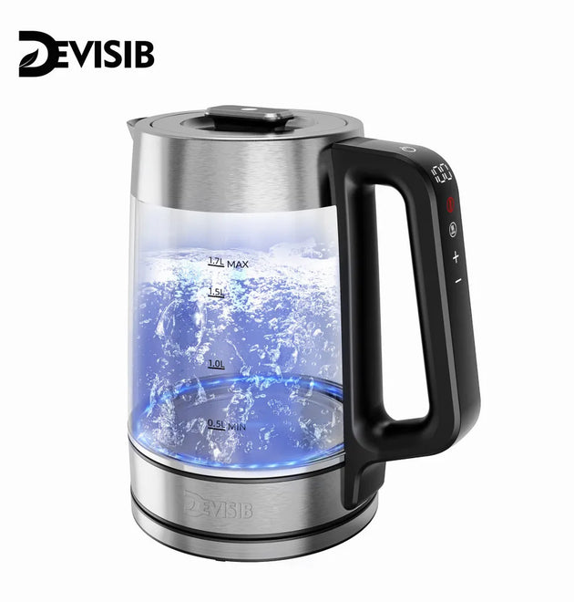 DEVISIB Dual Wall Electric Glass Kettle, Live Temperature Display, 2200W Fast Boiling, Temperature Control, 24-Hour Keep Warm
