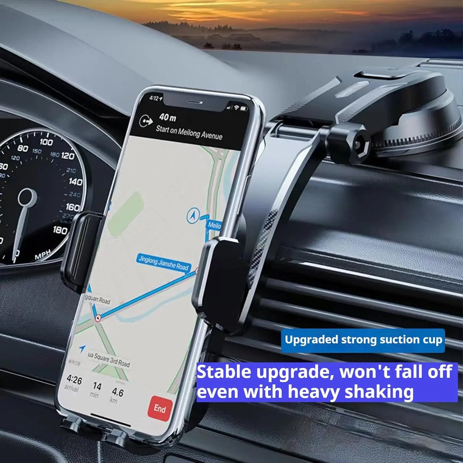 Adjustable Dashboard Car Cell Phone Holder with Telescopic Arm & Side Grips