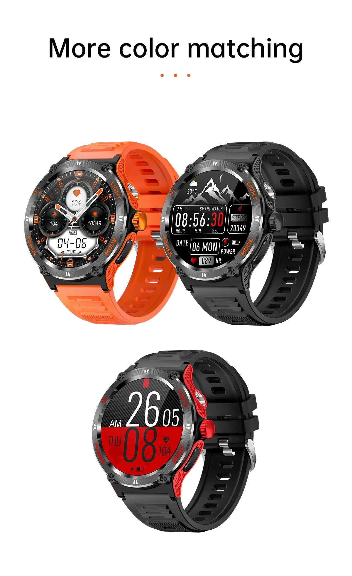 KT76 Sports Smartwatch Men With Flashlight 1.53-inch HD Screen BT Calls 3ATM Waterproof Compass Health Monitor