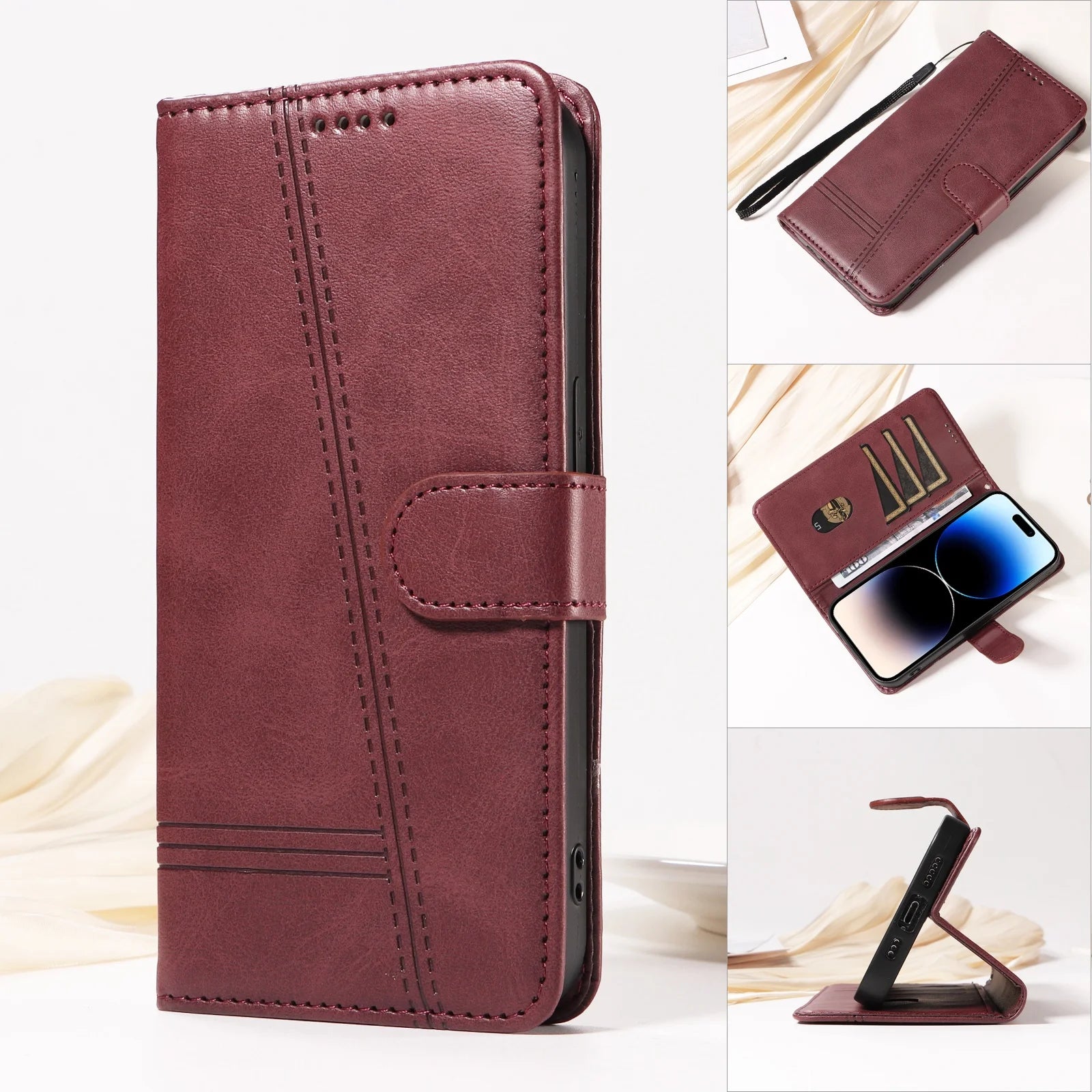 Line Leather Case For iPhone Pro Max Plus Mini Air Phone Case Flip Wallet Card