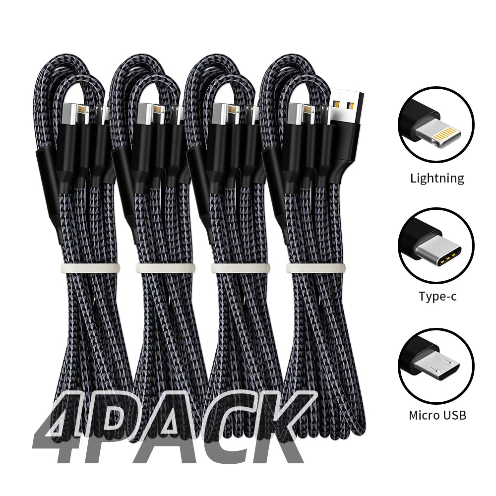 4pcs Charge Cable 3-in-1 Nylon Braided Multi Charge Cable for Multiple Devices