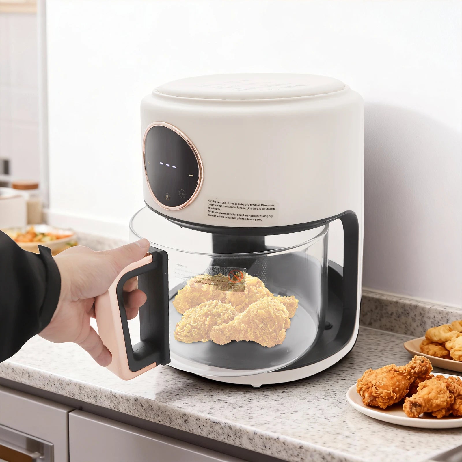 Visible Window Air Fryer 4.44Qt, 1200W Rapid Heating Glass Fryer with 8 Presets, Non-stick Borosilicate Glass Pot, 110V US Plug, for Fries, Wings (White)