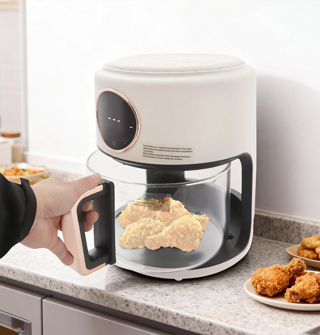 Visible Window Air Fryer 4.44Qt, 1200W Rapid Heating Glass Fryer with 8 Presets, Non-stick Borosilicate Glass Pot, 110V US Plug, for Fries, Wings (White)
