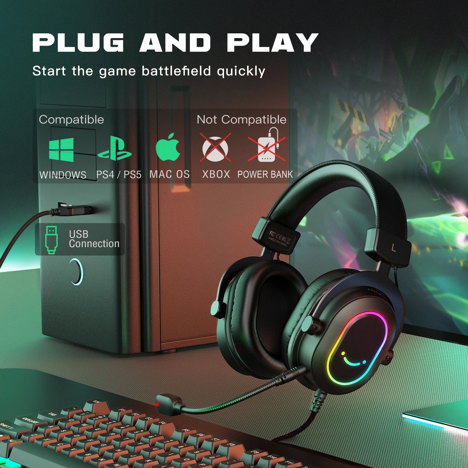 Fifine Dynamic RGB Gaming Headset with Mic Over-Ear Headphones
