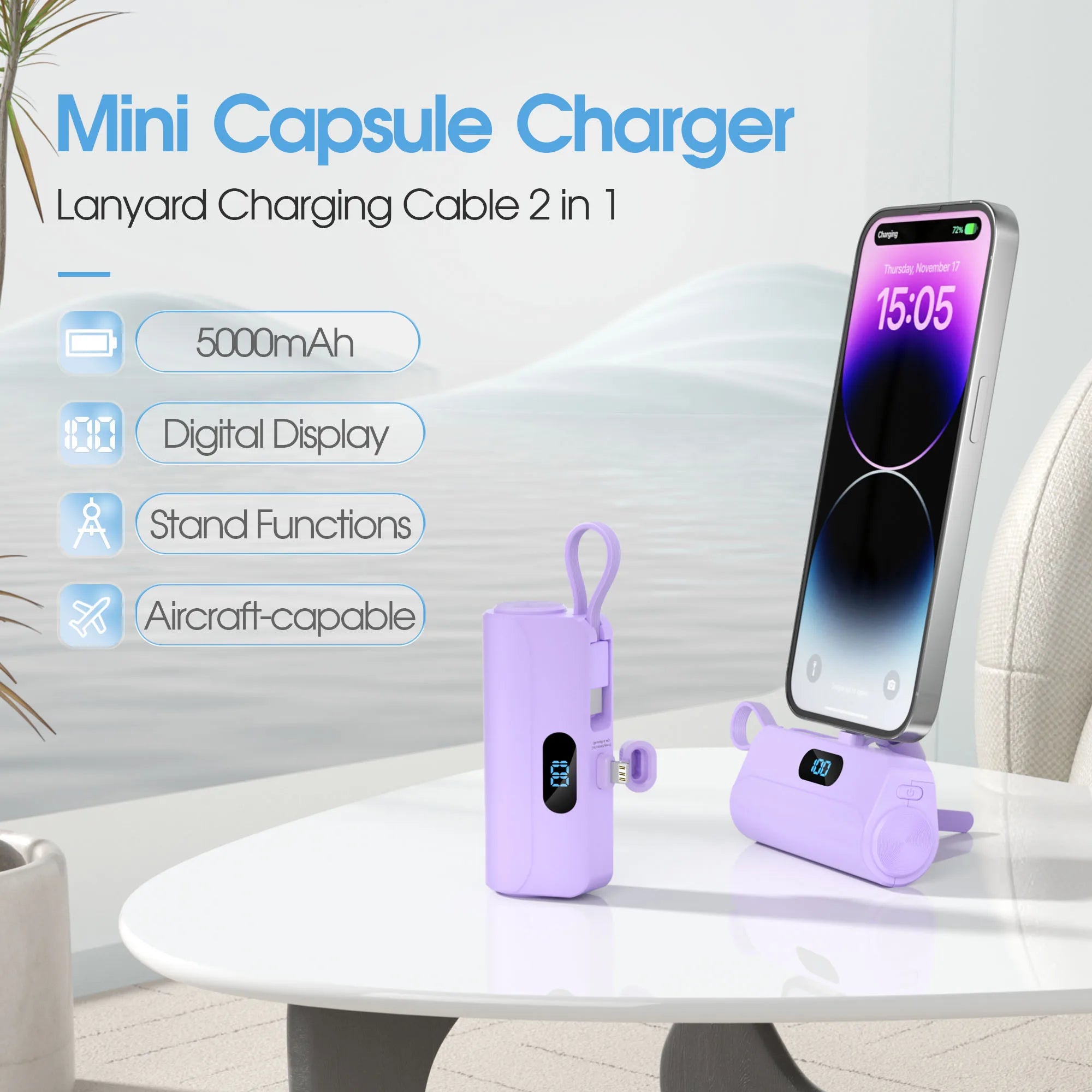Mini Portable Charger with Built in Lightning port Type-C Cable, Foldable Stand,