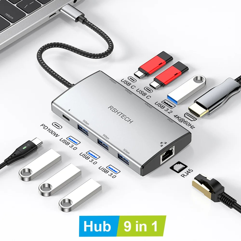 Multiport USB C Hub with RJ45 1Gbps Ethernet Adapter Dock for Laptops