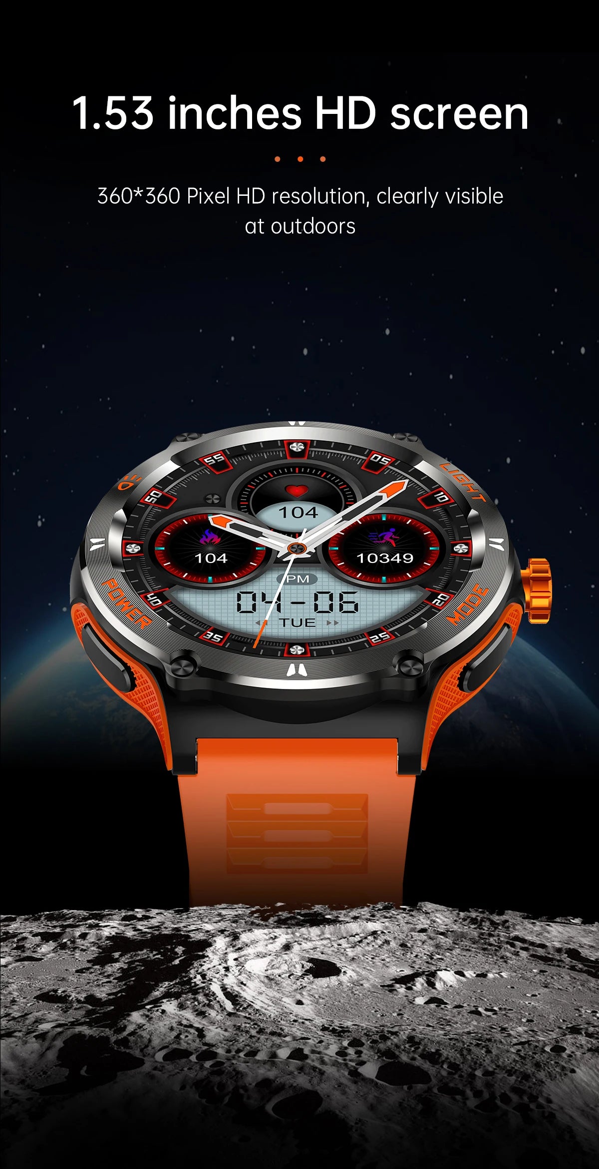 KT76 Sports Smartwatch Men With Flashlight 1.53-inch HD Screen BT Calls 3ATM Waterproof Compass Health Monitor