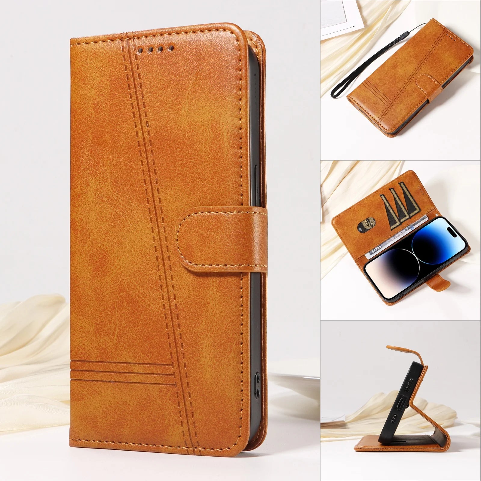 Line Leather Case For iPhone Pro Max Plus Mini Air Phone Case Flip Wallet Card